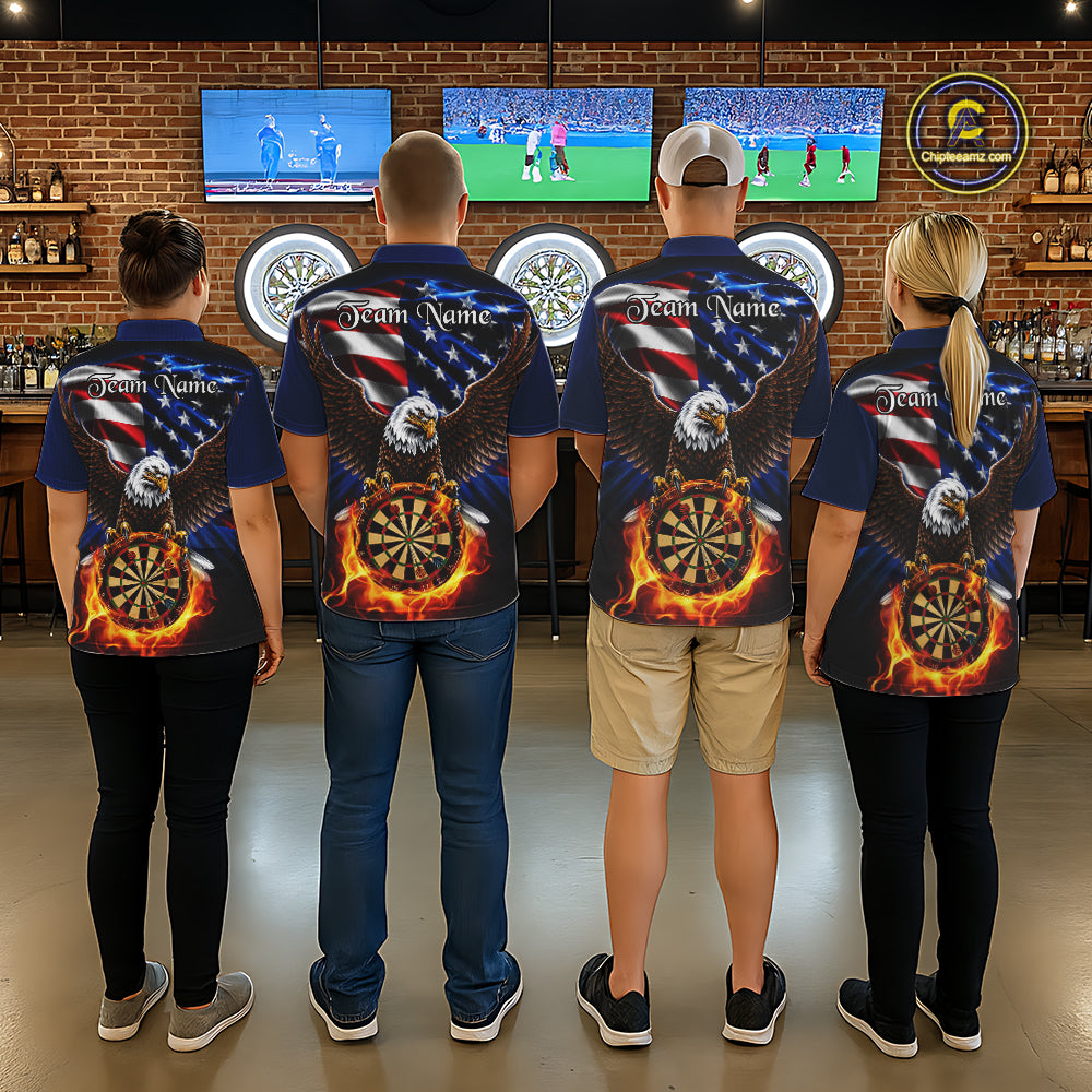 Dart team wearing matching Fire Flame Eagle jerseys, USA Flag uniforms, patriotic sports club, veterans support, teamwork, championship spirit