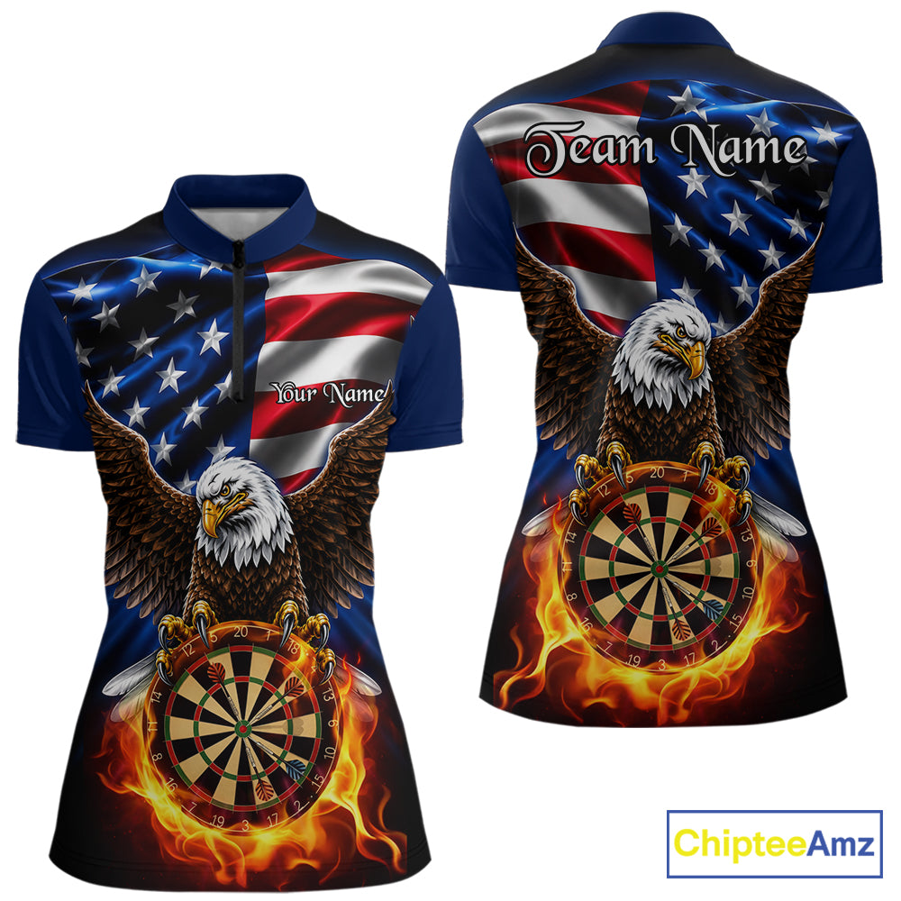 Fire Flame Eagle Women's Dart Quarter-Zip Shirt, Personalized American Flag Tournament Jersey, Performance Sportswear