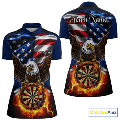 Fire Flame Eagle Women's Dart Quarter-Zip Shirt, Personalized American Flag Tournament Jersey, Performance Sportswear