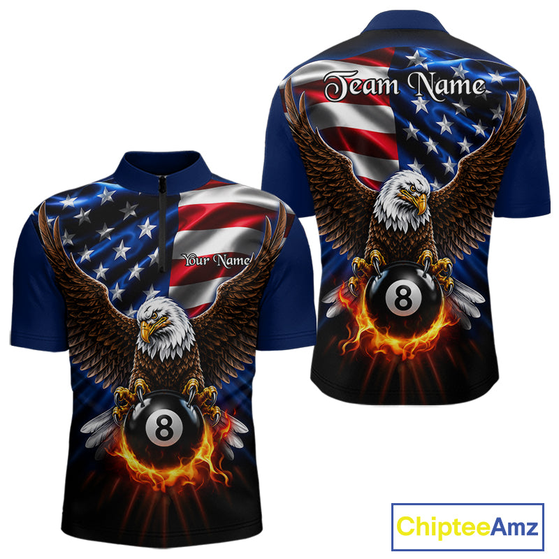 Fire Flame Eagle Men's Quarter-Zip Billiard Shirt, USA Flag Pool League Jersey, Athletic Tournament Apparel
