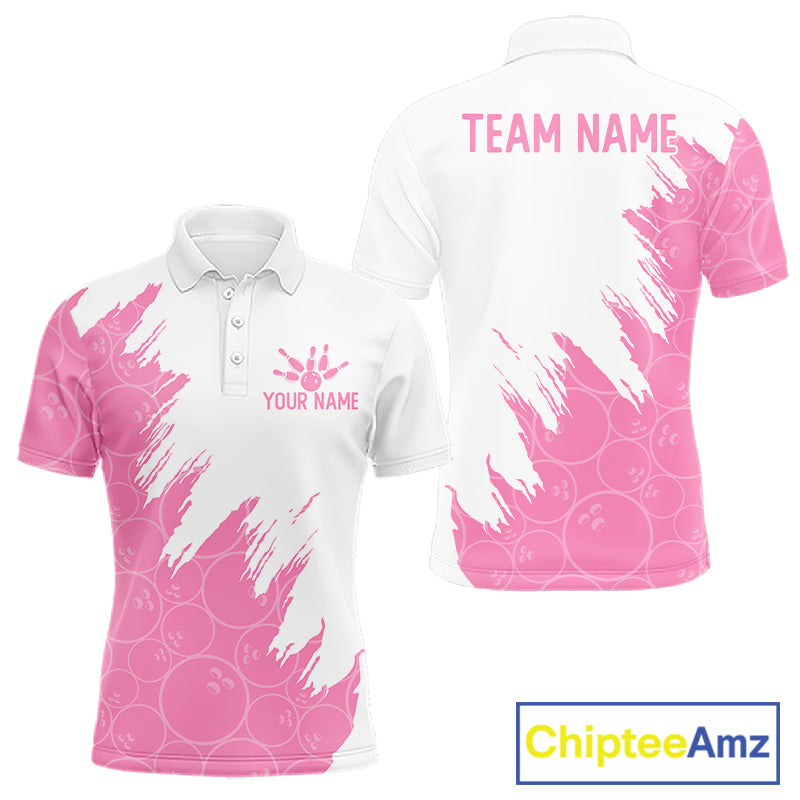 White & Pink Bowling Ball Pattern Mens Bowling Shirt Custom Polo & Quarter-Zip Bowling Team Jersey NYN4237