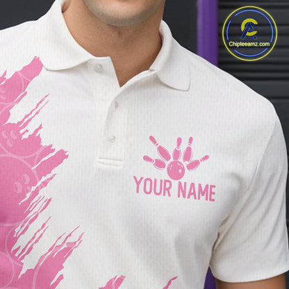 White & Pink Bowling Ball Pattern Mens Bowling Shirt Custom Polo & Quarter-Zip Bowling Team Jersey NYN4237