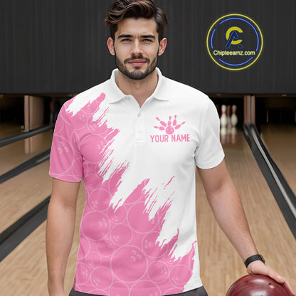 White & Pink Bowling Ball Pattern Mens Bowling Shirt Custom Polo & Quarter-Zip Bowling Team Jersey NYN4237