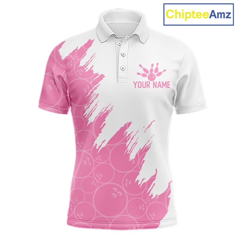 White & Pink Bowling Ball Pattern Mens Bowling Shirt Custom Polo & Quarter-Zip Bowling Team Jersey NYN4237
