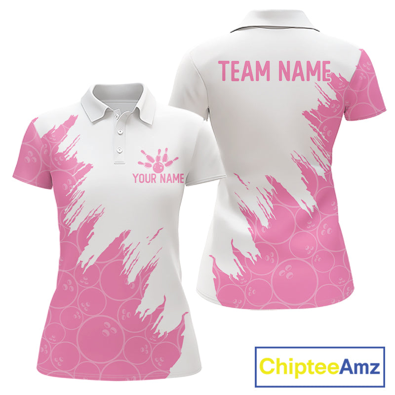 White & Pink Bowling Ball Pattern Womens Bowling Shirt Custom Polo & Quarter-Zip Bowling Team Jersey NYN4237