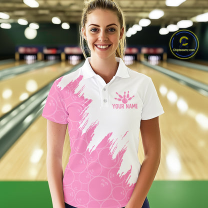White & Pink Bowling Ball Pattern Womens Bowling Shirt Custom Polo & Quarter-Zip Bowling Team Jersey NYN4237