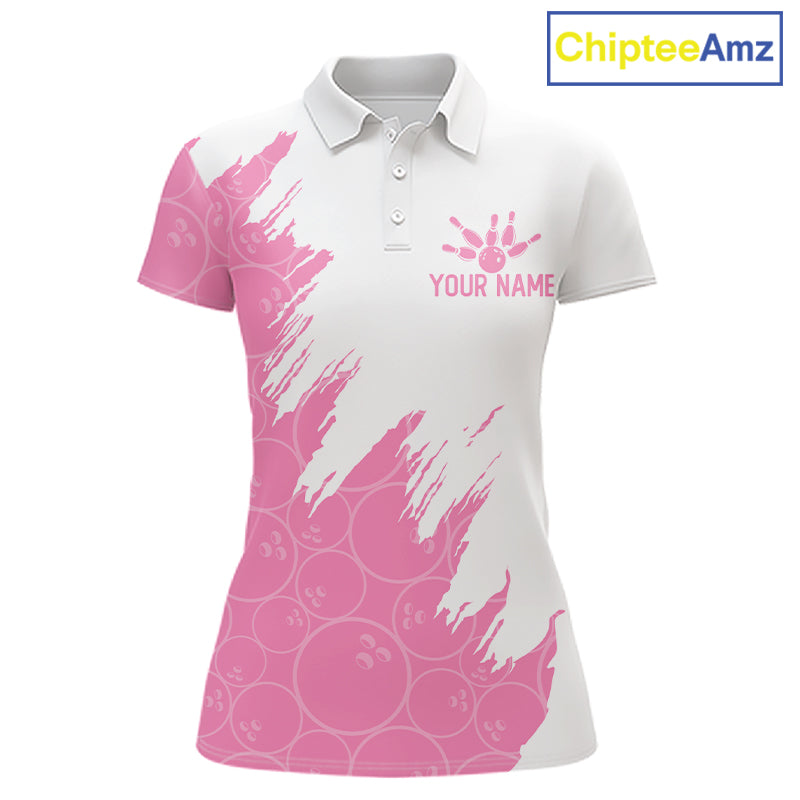 White & Pink Bowling Ball Pattern Womens Bowling Shirt Custom Polo & Quarter-Zip Bowling Team Jersey NYN4237