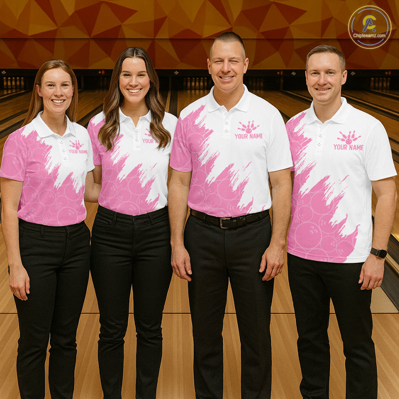 White & Pink Bowling Ball Pattern Womens Bowling Shirt Custom Polo & Quarter-Zip Bowling Team Jersey NYN4237