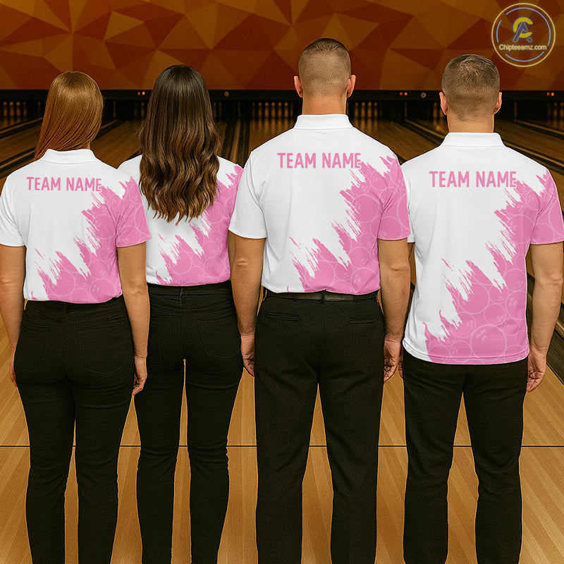 White & Pink Bowling Ball Pattern Womens Bowling Shirt Custom Polo & Quarter-Zip Bowling Team Jersey NYN4237
