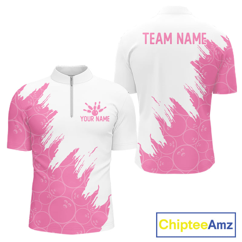 White & Pink Bowling Ball Pattern Mens Bowling Shirt Custom Polo & Quarter-Zip Bowling Team Jersey NYN4237
