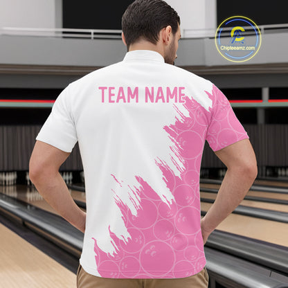 White & Pink Bowling Ball Pattern Mens Bowling Shirt Custom Polo & Quarter-Zip Bowling Team Jersey NYN4237