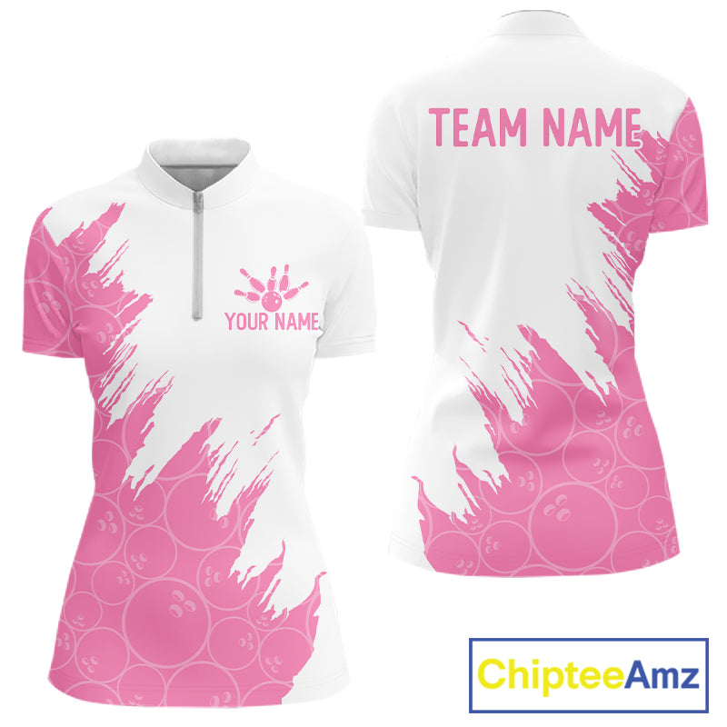 White & Pink Bowling Ball Pattern Womens Bowling Shirt Custom Polo & Quarter-Zip Bowling Team Jersey NYN4237