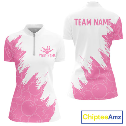 White & Pink Bowling Ball Pattern Womens Bowling Shirt Custom Polo & Quarter-Zip Bowling Team Jersey NYN4237