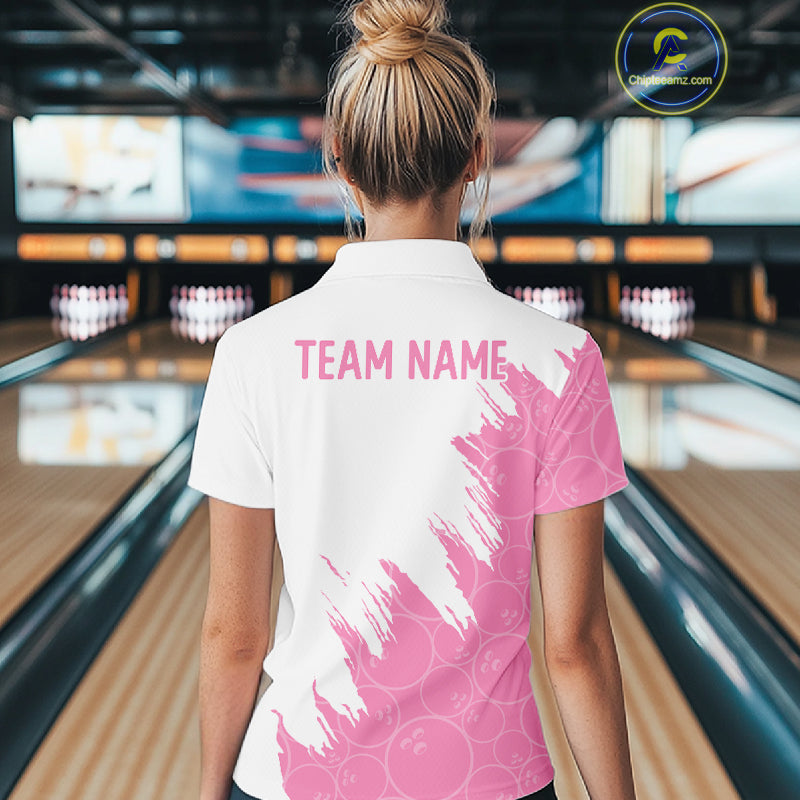 White & Pink Bowling Ball Pattern Womens Bowling Shirt Custom Polo & Quarter-Zip Bowling Team Jersey NYN4237