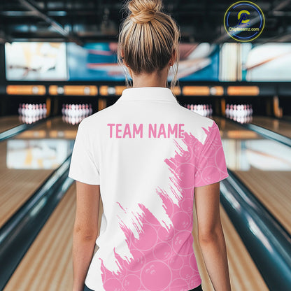 White & Pink Bowling Ball Pattern Womens Bowling Shirt Custom Polo & Quarter-Zip Bowling Team Jersey NYN4237