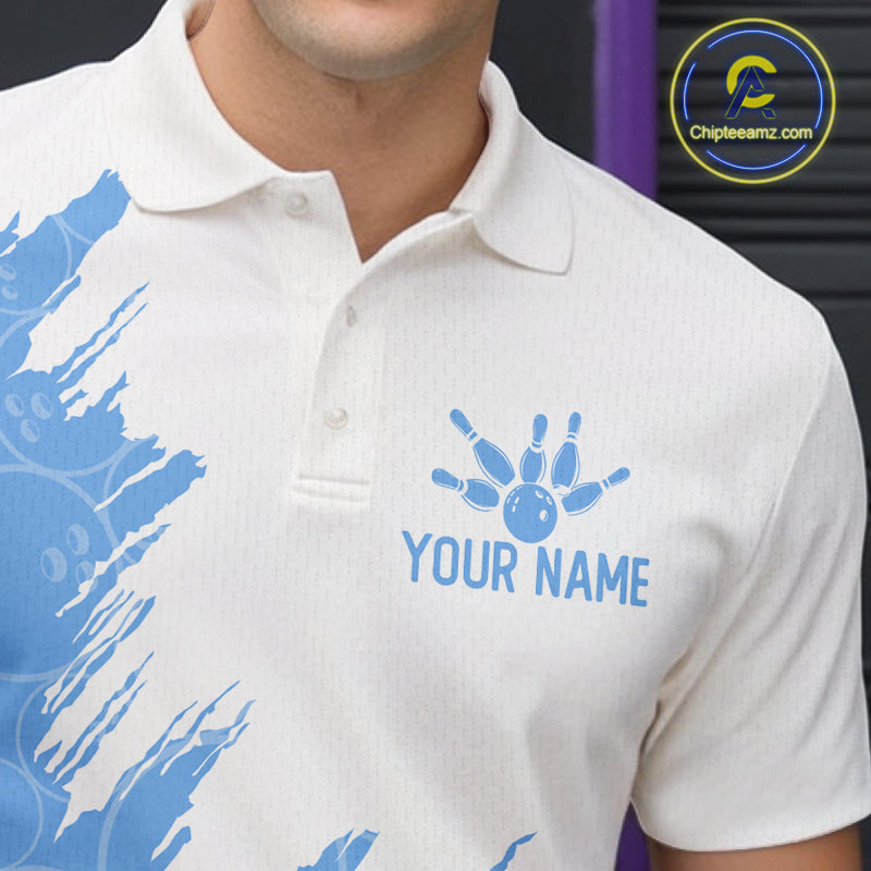 White & Blue Bowling Ball Pattern Mens Bowling Shirt Custom Polo & Quarter-Zip Bowling Team Jersey NYN4238
