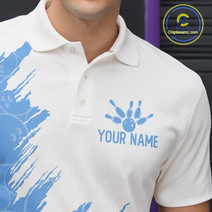 White & Blue Bowling Ball Pattern Mens Bowling Shirt Custom Polo & Quarter-Zip Bowling Team Jersey NYN4238