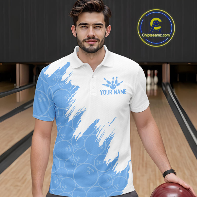 White & Blue Bowling Ball Pattern Mens Bowling Shirt Custom Polo & Quarter-Zip Bowling Team Jersey NYN4238