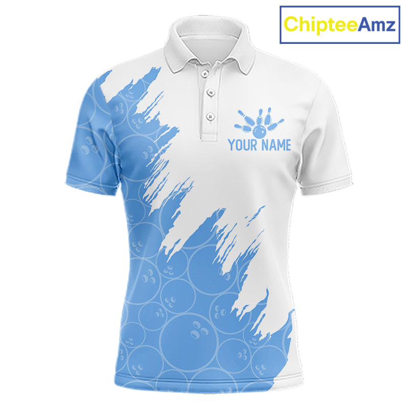 White & Blue Bowling Ball Pattern Mens Bowling Shirt Custom Polo & Quarter-Zip Bowling Team Jersey NYN4238