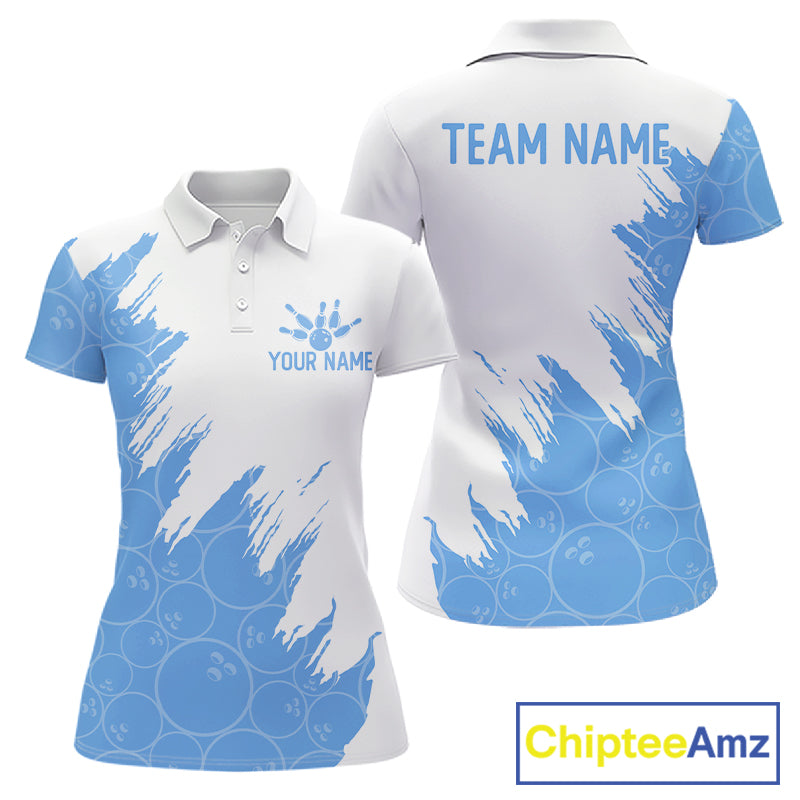 White & Blue Bowling Ball Pattern Womens Bowling Shirt Custom Polo & Quarter-Zip Bowling Team Jersey NYN4238