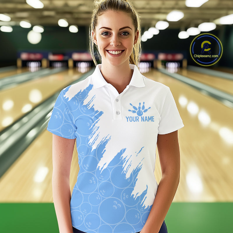 White & Blue Bowling Ball Pattern Womens Bowling Shirt Custom Polo & Quarter-Zip Bowling Team Jersey NYN4238