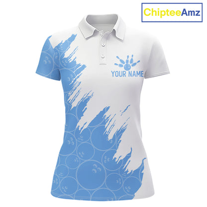 White & Blue Bowling Ball Pattern Womens Bowling Shirt Custom Polo & Quarter-Zip Bowling Team Jersey NYN4238