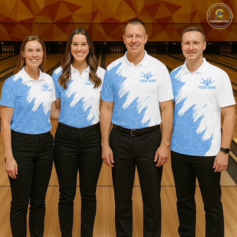 White & Blue Bowling Ball Pattern Womens Bowling Shirt Custom Polo & Quarter-Zip Bowling Team Jersey NYN4238