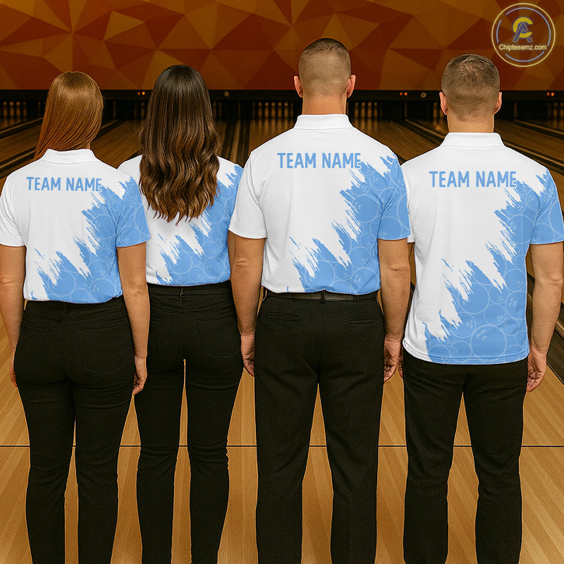 White & Blue Bowling Ball Pattern Womens Bowling Shirt Custom Polo & Quarter-Zip Bowling Team Jersey NYN4238