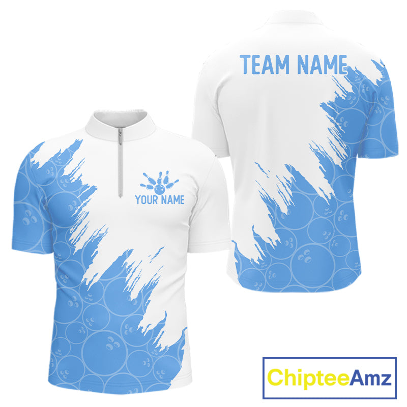 White & Blue Bowling Ball Pattern Mens Bowling Shirt Custom Polo & Quarter-Zip Bowling Team Jersey NYN4238