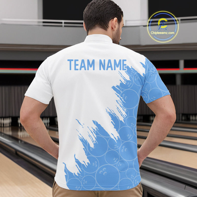 White & Blue Bowling Ball Pattern Mens Bowling Shirt Custom Polo & Quarter-Zip Bowling Team Jersey NYN4238