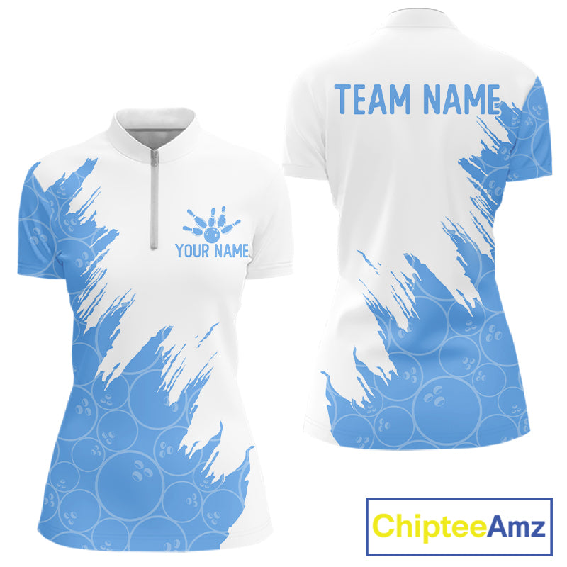 White & Blue Bowling Ball Pattern Womens Bowling Shirt Custom Polo & Quarter-Zip Bowling Team Jersey NYN4238