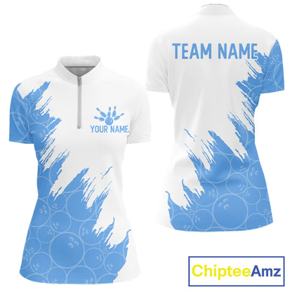 White & Blue Bowling Ball Pattern Womens Bowling Shirt Custom Polo & Quarter-Zip Bowling Team Jersey NYN4238