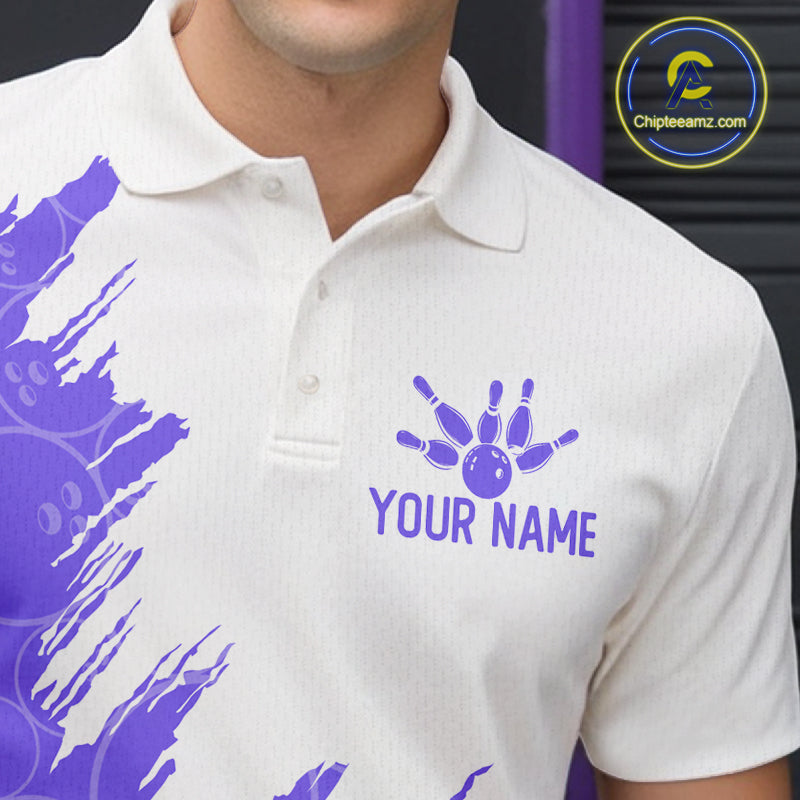 White & Purple Bowling Ball Pattern Mens Bowling Shirt Custom Polo & Quarter-Zip Bowling Team Jersey NYN4239