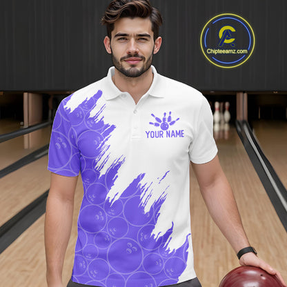 White & Purple Bowling Ball Pattern Mens Bowling Shirt Custom Polo & Quarter-Zip Bowling Team Jersey NYN4239