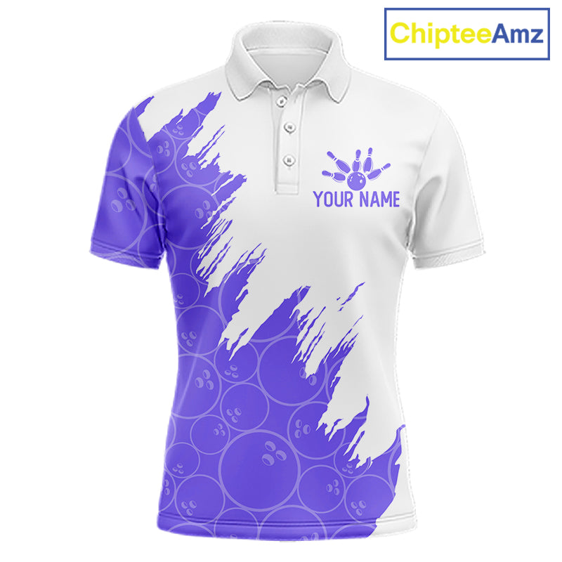White & Purple Bowling Ball Pattern Mens Bowling Shirt Custom Polo & Quarter-Zip Bowling Team Jersey NYN4239