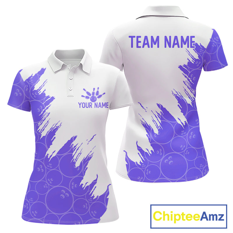 White & Purple Bowling Ball Pattern Womens Bowling Shirt Custom Polo & Quarter-Zip Bowling Team Jersey NYN4239