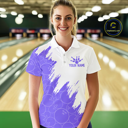 White & Purple Bowling Ball Pattern Womens Bowling Shirt Custom Polo & Quarter-Zip Bowling Team Jersey NYN4239