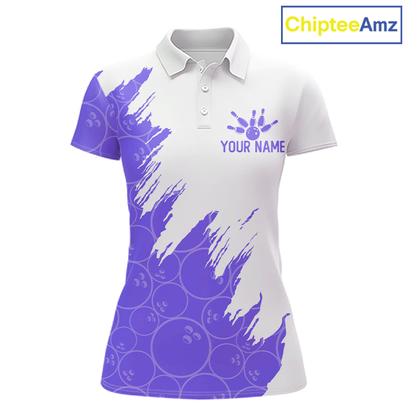White & Purple Bowling Ball Pattern Womens Bowling Shirt Custom Polo & Quarter-Zip Bowling Team Jersey NYN4239
