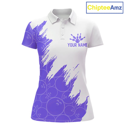 White & Purple Bowling Ball Pattern Womens Bowling Shirt Custom Polo & Quarter-Zip Bowling Team Jersey NYN4239