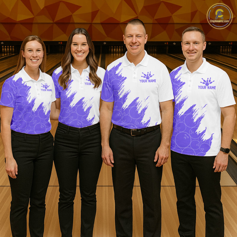 White & Purple Bowling Ball Pattern Womens Bowling Shirt Custom Polo & Quarter-Zip Bowling Team Jersey NYN4239
