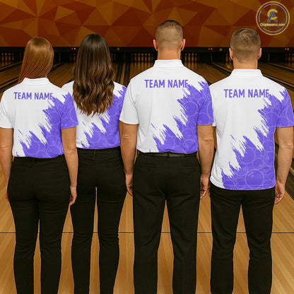 White & Purple Bowling Ball Pattern Womens Bowling Shirt Custom Polo & Quarter-Zip Bowling Team Jersey NYN4239