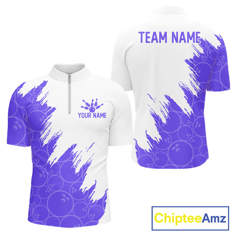 White & Purple Bowling Ball Pattern Mens Bowling Shirt Custom Polo & Quarter-Zip Bowling Team Jersey NYN4239