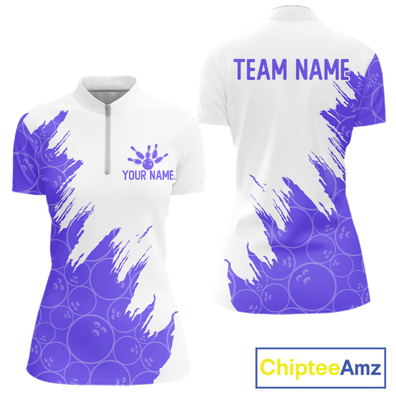 White & Purple Bowling Ball Pattern Womens Bowling Shirt Custom Polo & Quarter-Zip Bowling Team Jersey NYN4239