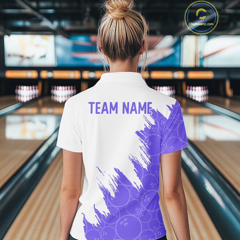 White & Purple Bowling Ball Pattern Womens Bowling Shirt Custom Polo & Quarter-Zip Bowling Team Jersey NYN4239