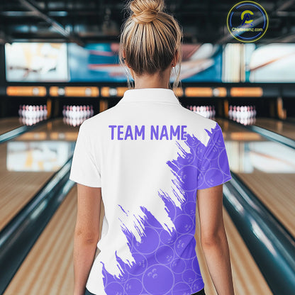 White & Purple Bowling Ball Pattern Womens Bowling Shirt Custom Polo & Quarter-Zip Bowling Team Jersey NYN4239