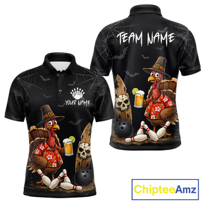 Custom Funny Beer Turkey Pumpkin Bowling Shirt For Men Polo & Quarter-Zip Halloween Bowling Jersey NYN4240