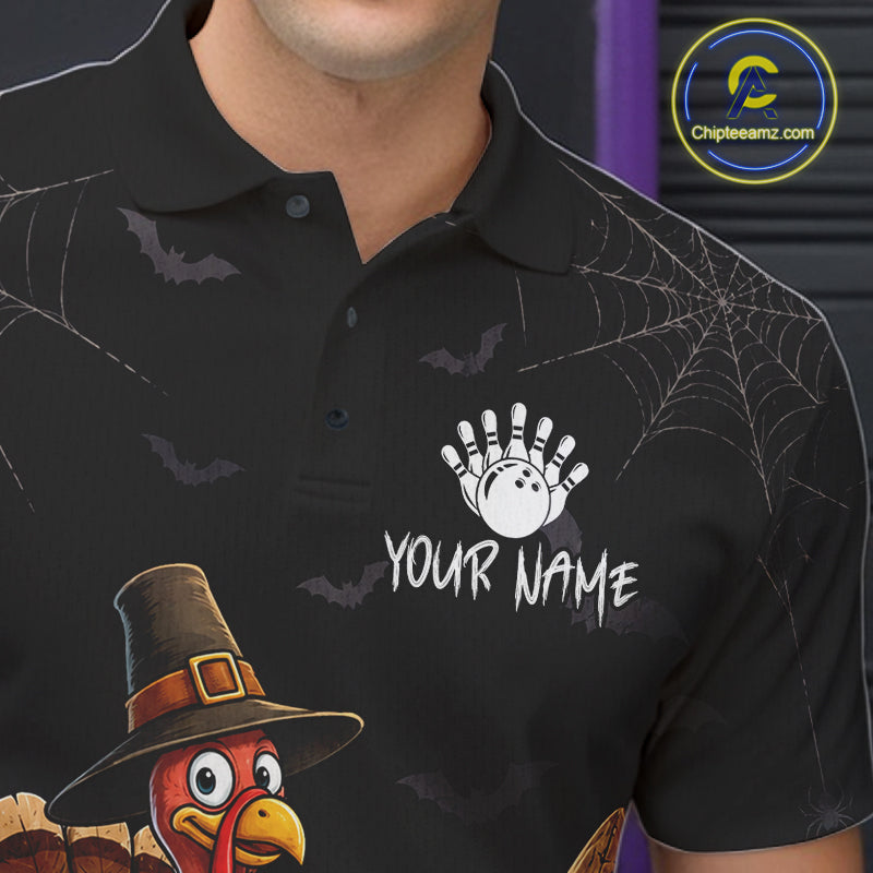 Custom Funny Beer Turkey Pumpkin Bowling Shirt For Men Polo & Quarter-Zip Halloween Bowling Jersey NYN4240