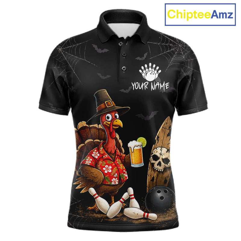 Custom Funny Beer Turkey Pumpkin Bowling Shirt For Men Polo & Quarter-Zip Halloween Bowling Jersey NYN4240