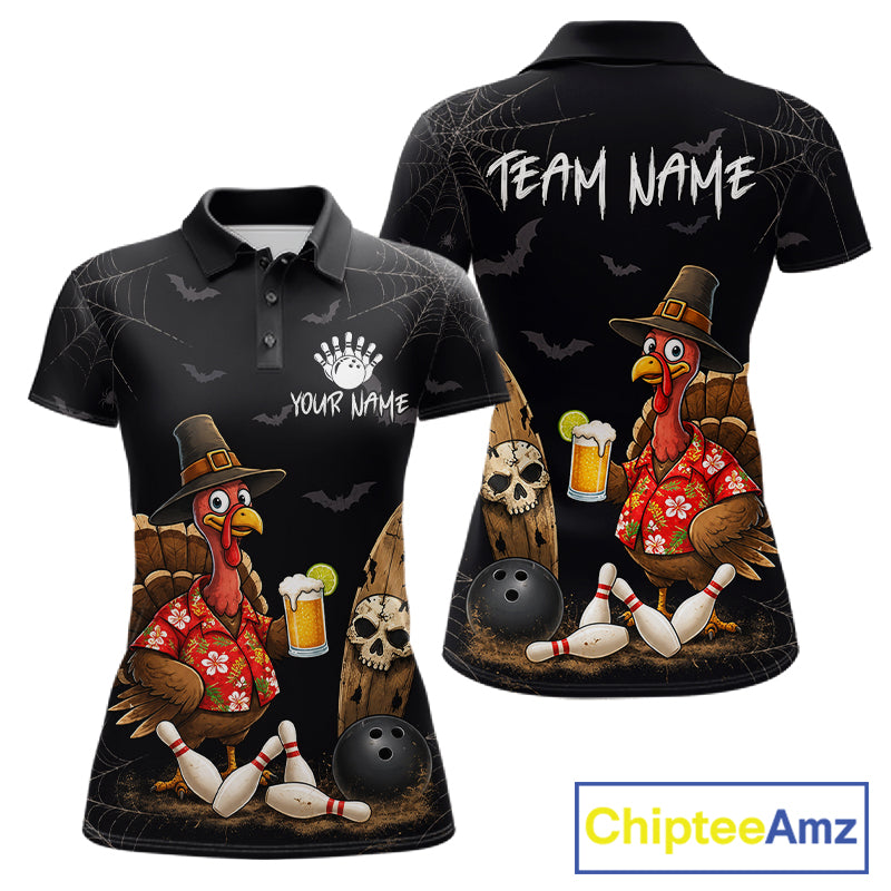 Custom Funny Beer Turkey Pumpkin Bowling Shirt For Women Polo & Quarter-Zip Halloween Bowling Jersey NYN4240