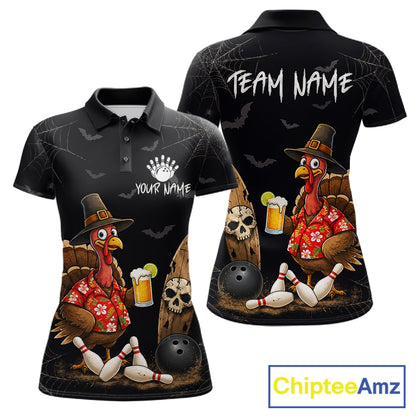 Custom Funny Beer Turkey Pumpkin Bowling Shirt For Women Polo & Quarter-Zip Halloween Bowling Jersey NYN4240